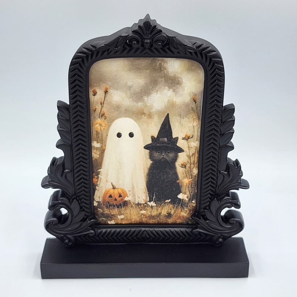 Ghost and Black Cat Witch Gothic Halloween Canvas Black Matte Frame Resin 10"